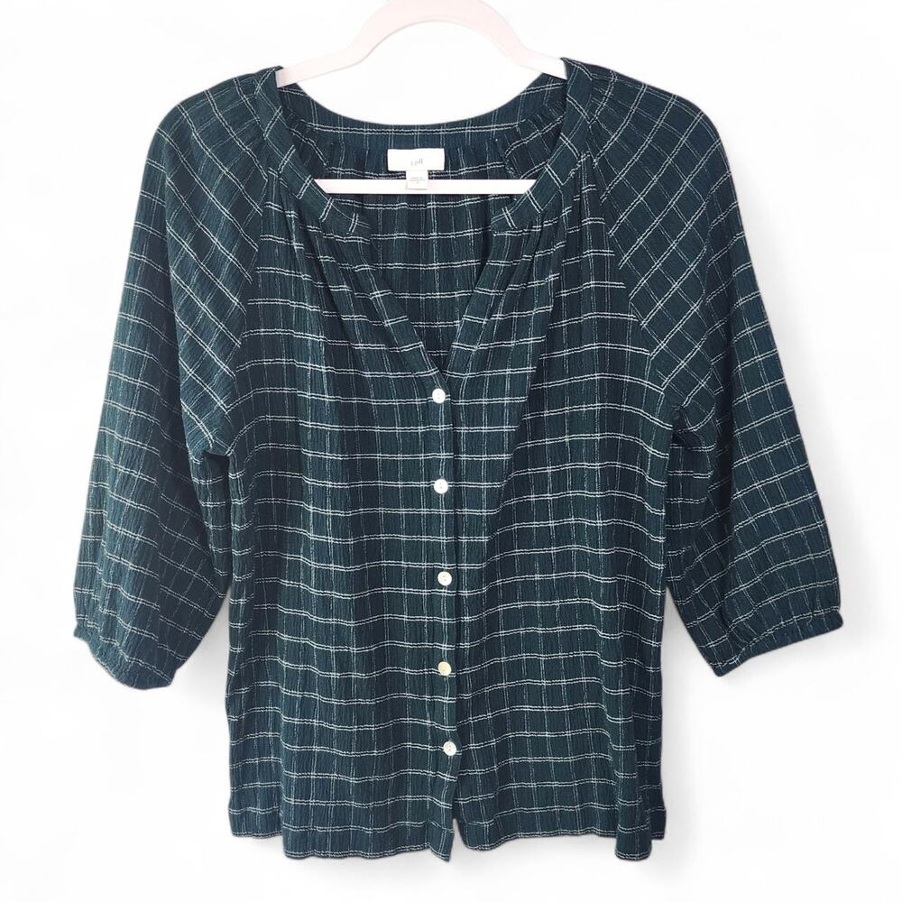 J Jill Blouse Green Plaid Button Front Relaxed Fit 3/4 Sleeve Top Womens Small - Picture 12 of 13